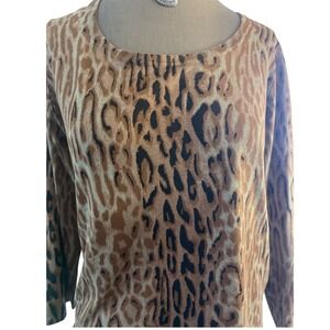 Jones NY Leopard silk blend top 3/4 sleeves dressy  scoop neck elegant LG